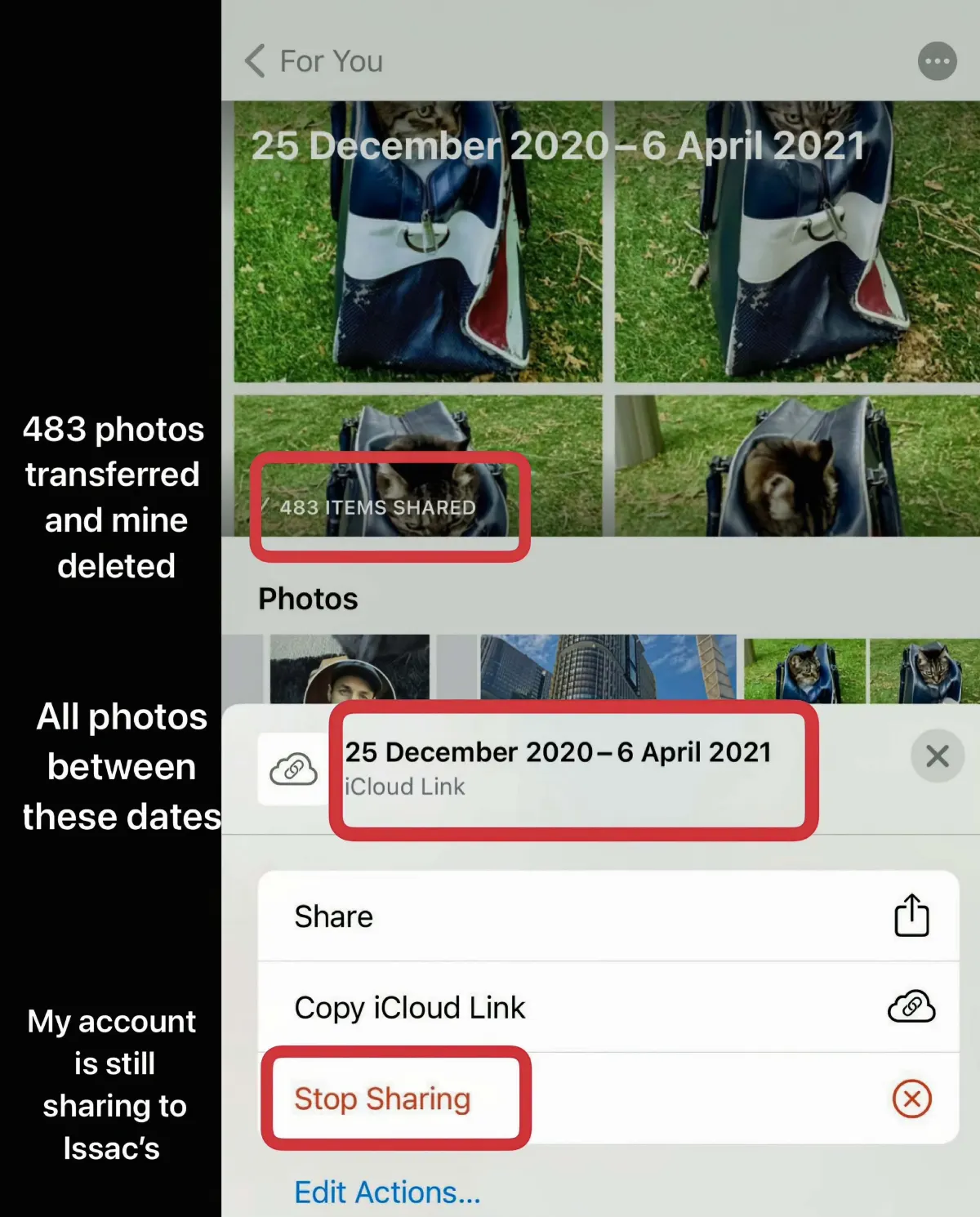Annotated iCloud screenshot showing 483 items shared between 25 December 2020 and 6 April 2021, with a Stop Sharing control