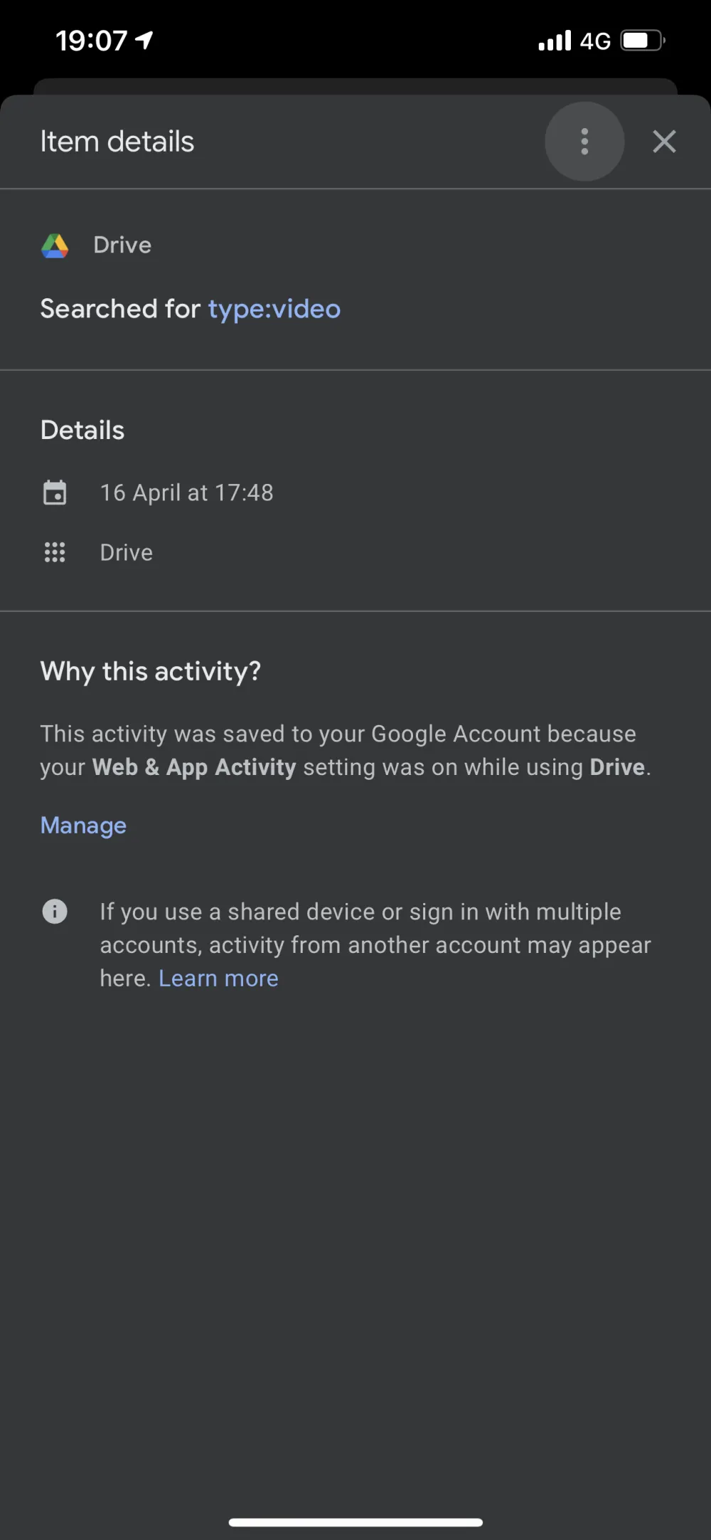 Google account activity showing Drive searched for type video at 17:48 on 16 April