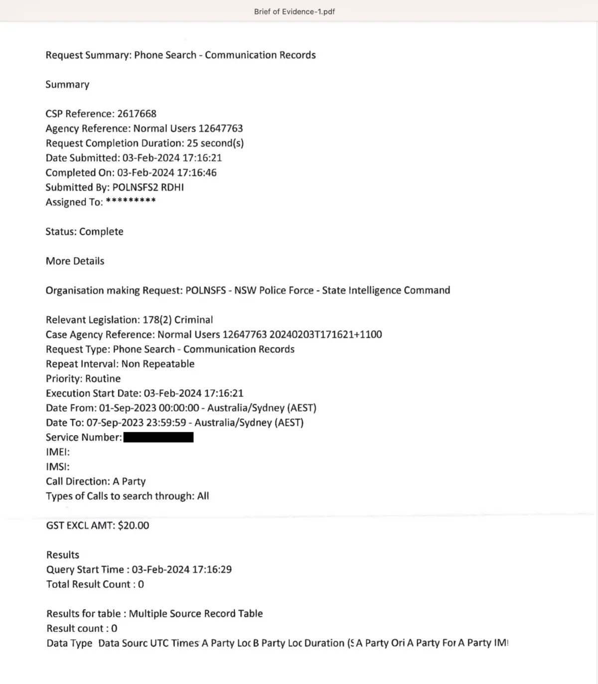 Carrier search record dated 3 February 2024 showing Total Result Count: 0, with the service number redacted