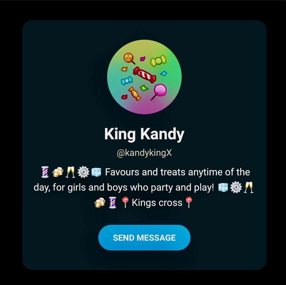 @kandykingX Telegram profile — King Kandy — with drug-coded bio referencing Kings Cross