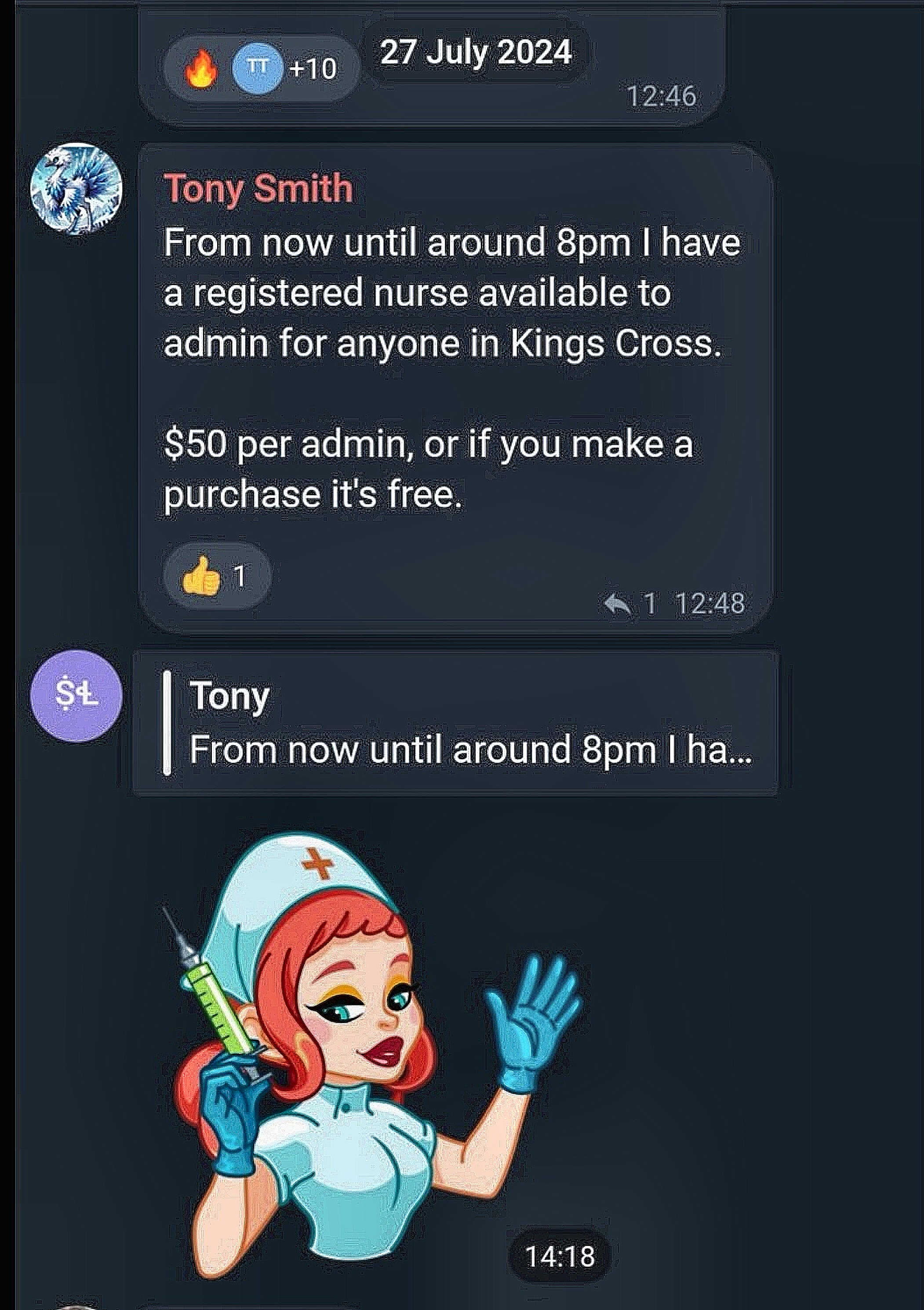 Telegram message from account named Tony Smith advertising paid drug injection service in Kings Cross, 27 July 2024